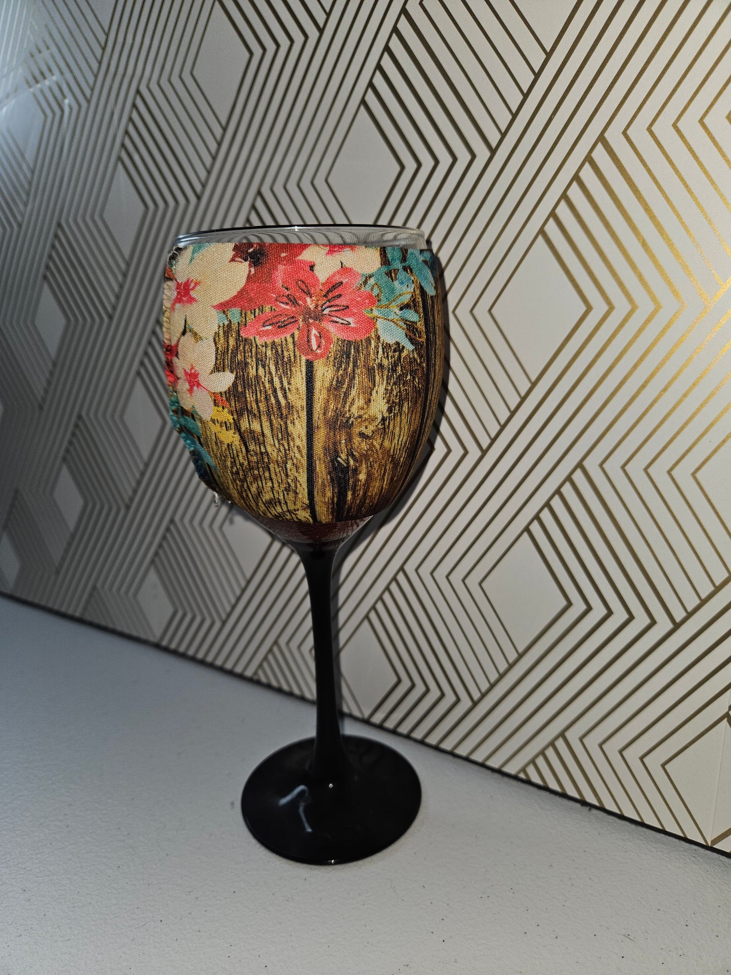 Floral/ wooden Wine Glass Koozie